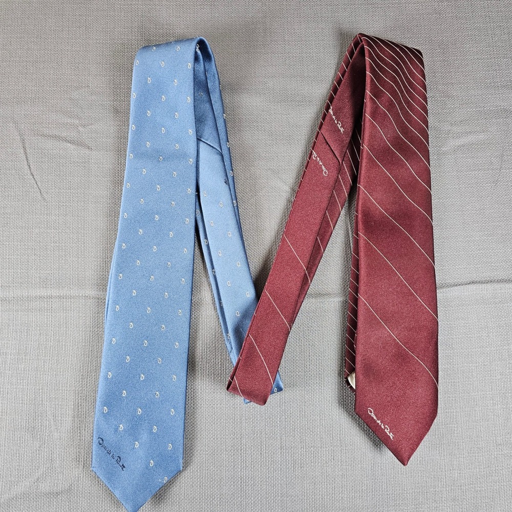 2 Oscar de la Renta Men's Neckties Striped, Dotted, Blue and Red